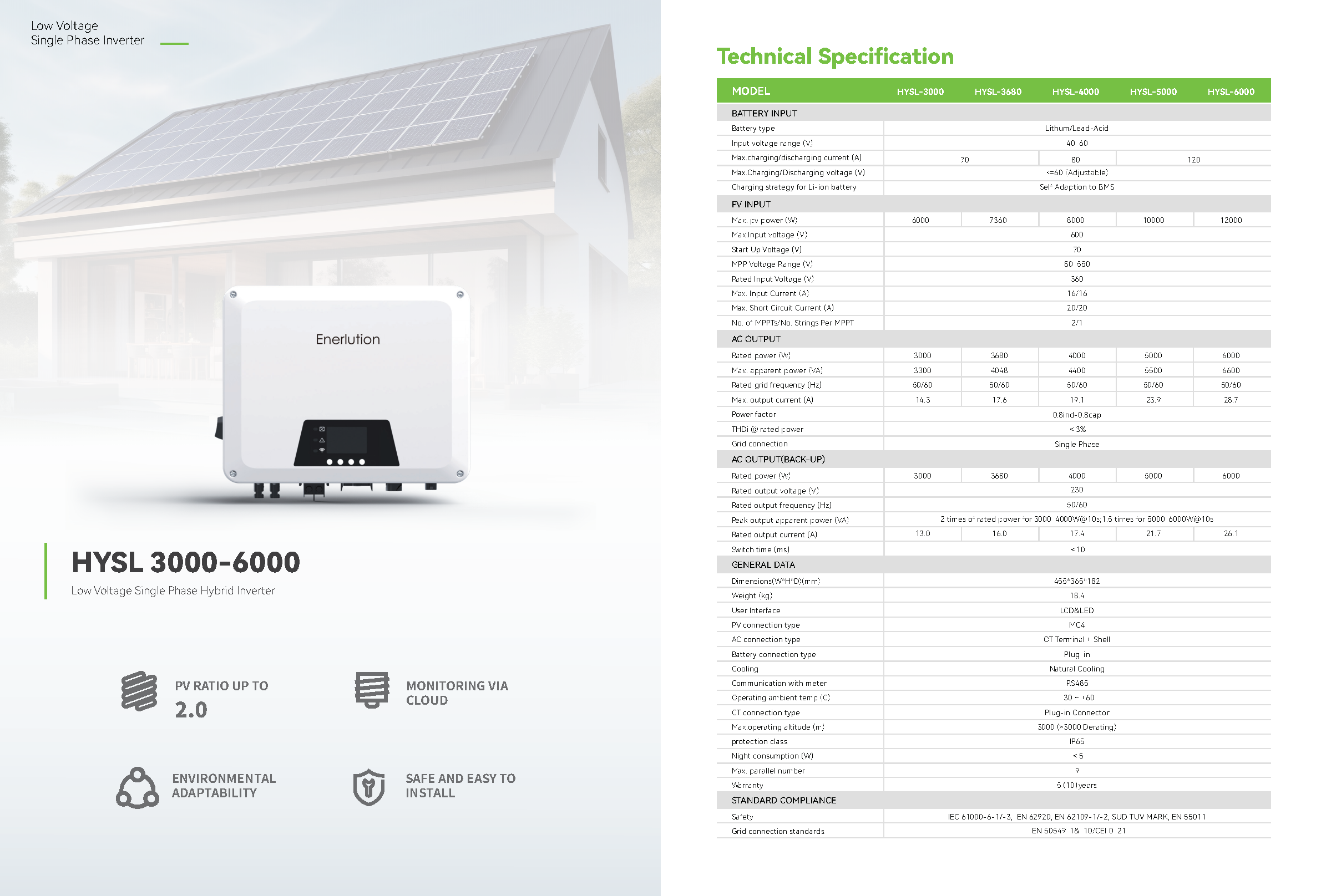 Single Phase Inverter  HYSL 3000-6000 Low Voltage Single Phase Hybrid Inverter